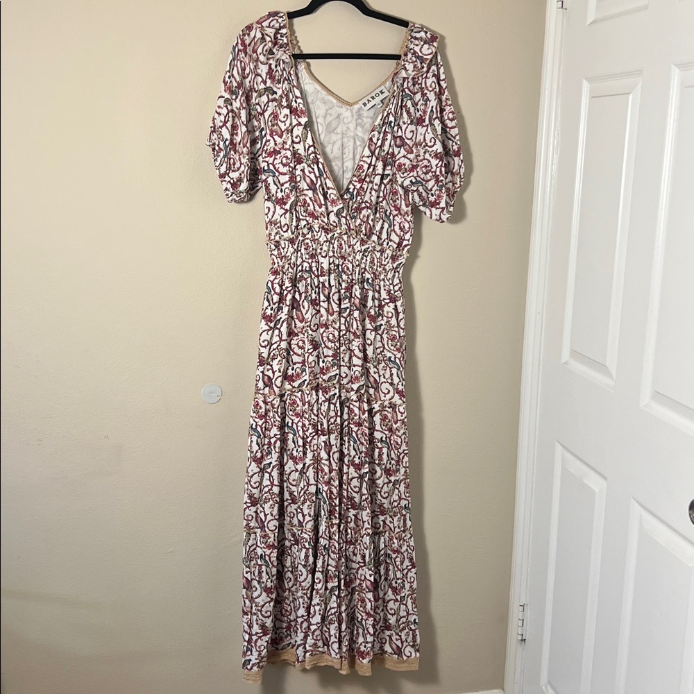 Barok Paris Chloe Laetitia Bird Print Tiered Maxi Dress Size Large